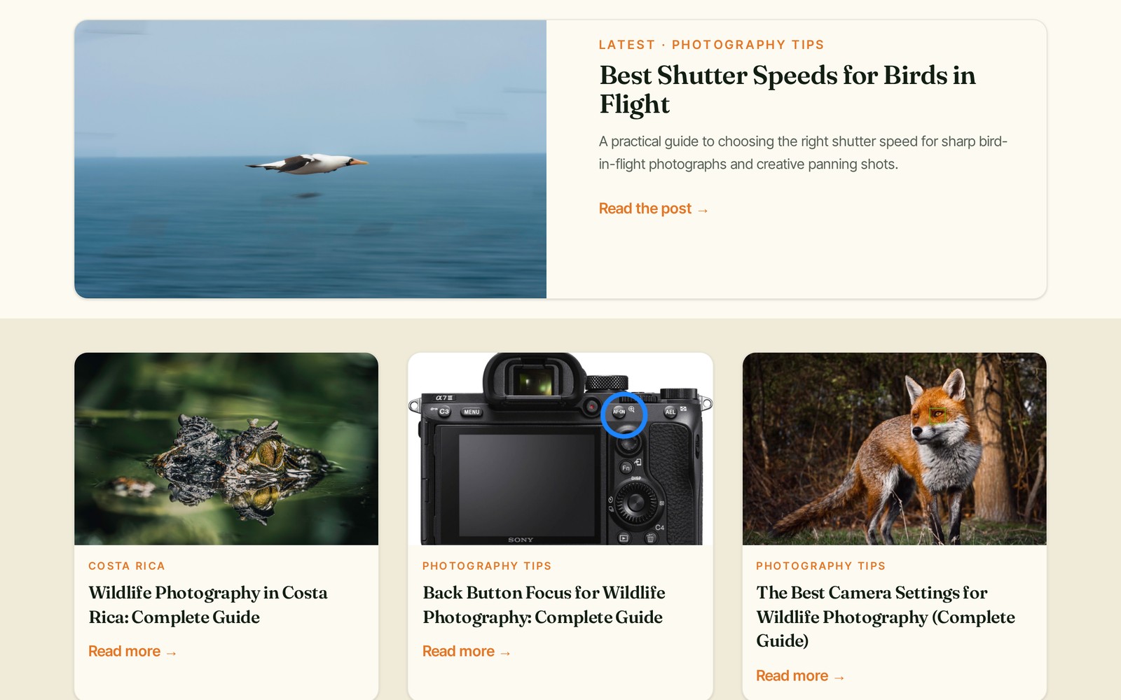 Snapshot of Charlie's wildlife photography blog showing article photos and titles, including Best Shutter Speeds for Birds in Flight, Wildlife Photography in Costa Rica and Back Button Focus